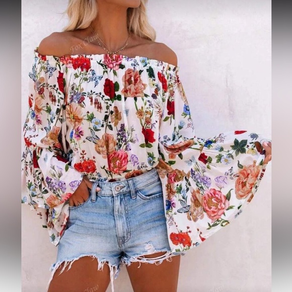 Tops - Boho Floral Off Shoulder Top Blouse Shirt White